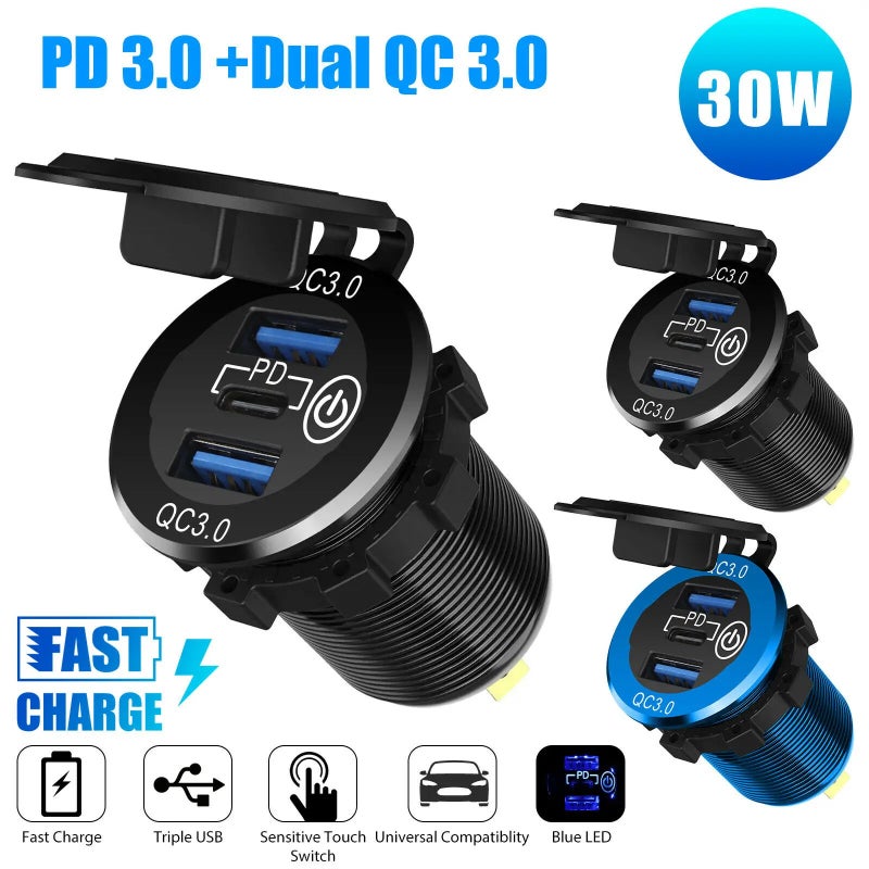 Bluejw 60W USB C Car Charger, PD Type C QC3.0 Dual Port, Triple 12V USB Socket Car Charger with Touch Switch for Car Boat Marine Automobile Chargers - Image 3
